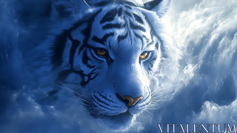 Luminous white tiger portrait emerging from ethereal storm clouds