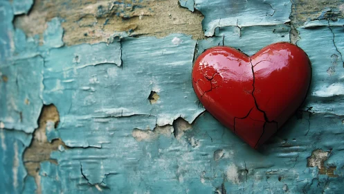 Fractured Red Heart Against Weathered Turquoise Wooden Surface. Symbolic Heartbreak.