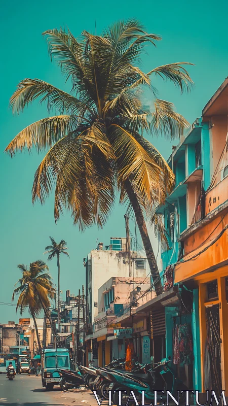 Sunlit palm trees watching over a colorful city street.