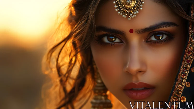 Golden hour gaze with jeweled tradition and quiet fire.