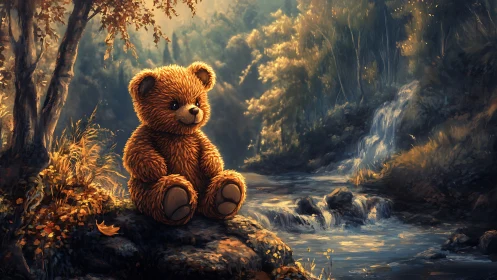 Teddy bear at golden forest stream under soft sunset glow.