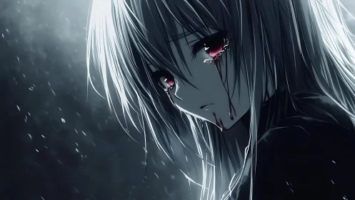 Monochrome anime portrait with crimson tear streams rendered.