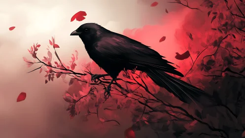 Midnight crow poised on crimson branches at twilight sky.