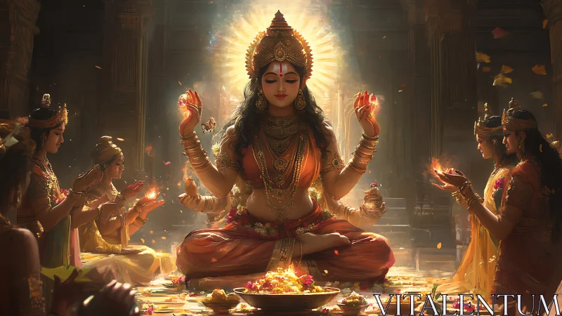 Golden goddess breathes quiet fire into temple twilight