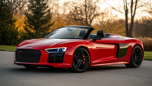 Red convertible sports car parked on suburban roadway.