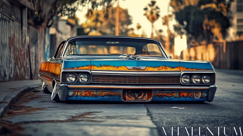 Lowrider car with custom mural paint on urban street at dusk.