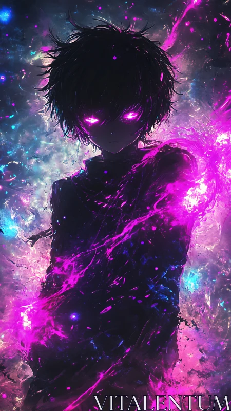 Shadowed anime figure channels neon cosmic energy surge