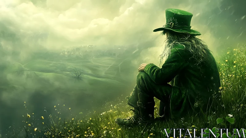 Fantasy leprechaun study on misted hills with atmospheric depth.