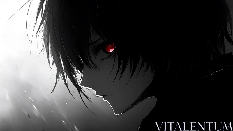 Crimson-eyed loner in storm-lit grayscale silence.