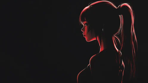 Side profile of anime girl in red rim light on black background.