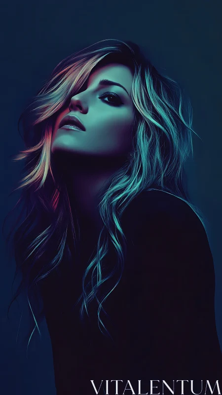 Neon-lit female portrait in moody teal and magenta glow.
