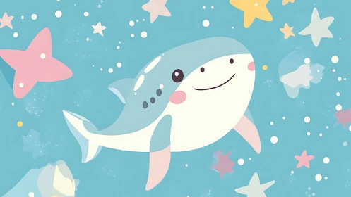 Cartoon whale shark with pastel starfish on blue field.