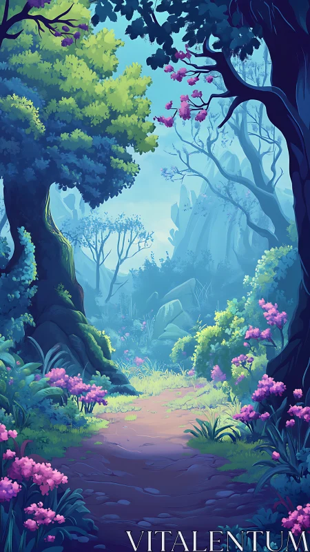 Enchanted Forest Grove With Luminous Flora and Misty Atmosphere