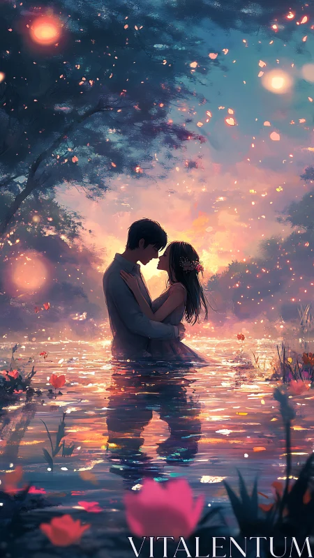 Couple embracing in luminescent water beneath glowing sky