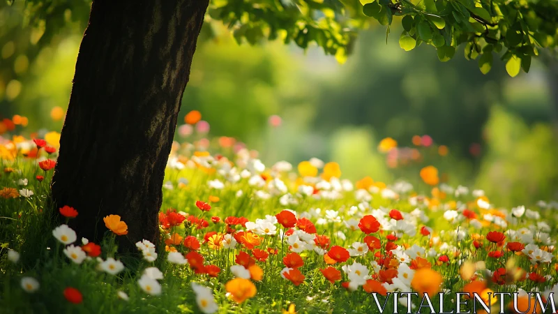 Garden composition with flowering herbaceous perennials beneath deciduous canopy