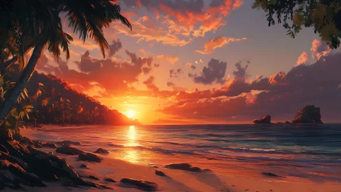 Coastal landscape depicts low sun over ocean horizon