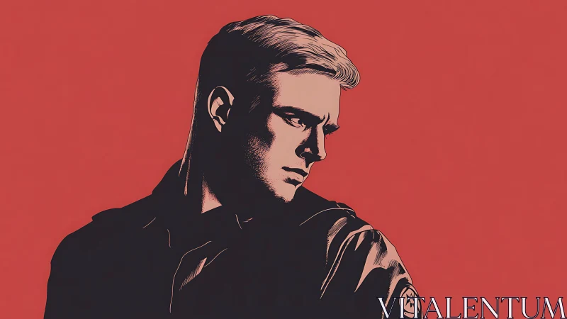 Graphic novel style male portrait on red negative space field.