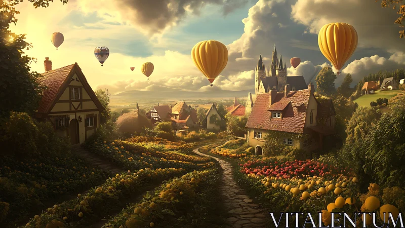 Sunlit village valley with hot air balloons and castle