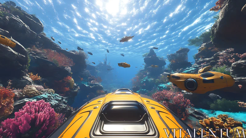 Futuristic mini subs exploring vivid coral canyon seascape.