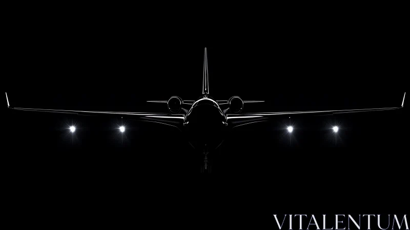 Midnight jet silhouette crowned by runway stars of light.