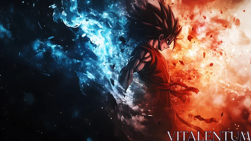 Anime warrior amid split blue and red energy fields.