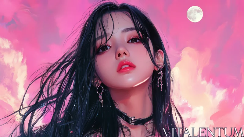Gothic girl portrait glows under pink sky and full moon