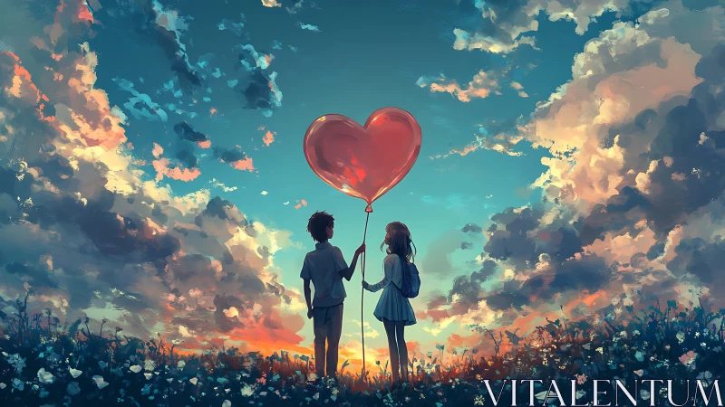 Two figures holding a heart-shaped balloon beneath golden clouds.