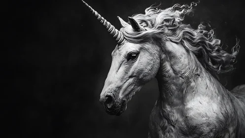Majestic monochrome unicorn portrait with flowing mane