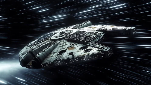 Detailed sci fi starship accelerates through deep space.