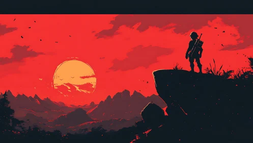 Lone warrior overlooks crimson valley under burning sun