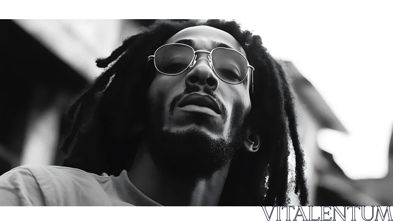 Confident man with dreadlocks and sunglasses in close-up shot.