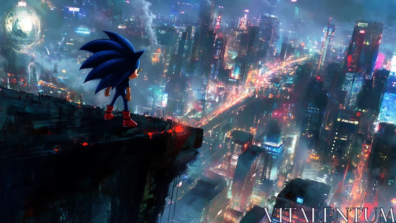 Blue speedster surveys neon cyberpunk skyline at night.