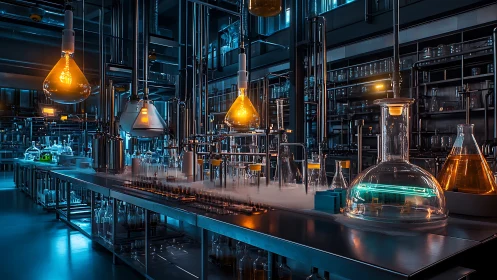 Futuristic chemistry lab glows with neon-lit glassware at night.