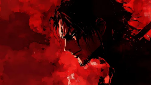 Profiled ronin in high-contrast crimson vector turbulence.