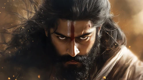 Warrior’s fierce gaze burns through swirling embers and smoke