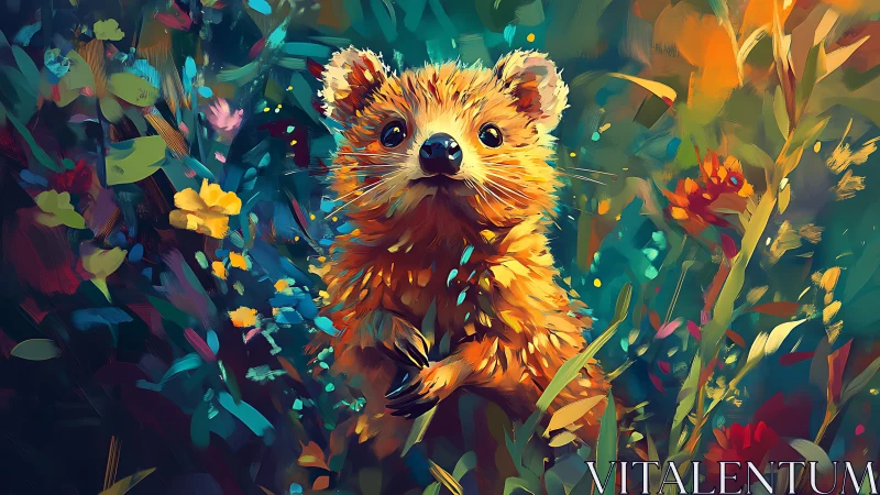 Vibrant digital painting of a small animal in floral habitat.