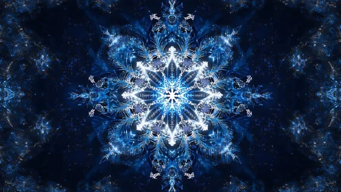Symmetrical blue fractal structure with crystalline radial pattern.