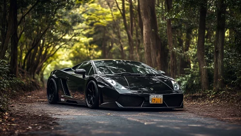 Low black supercar on forest road under soft daylight.
