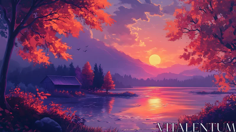 Sunset illuminates autumn trees around reflective mountain lake