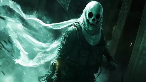 Ghost-masked soldier advances through green spectral fog