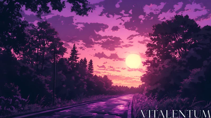 Sunset illuminates forest road under vivid purple sky