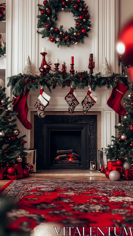 Symmetrical red and gold Christmas fireplace mantel decor
