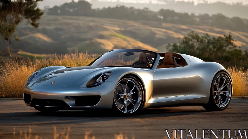 Silver convertible sports car on rural roadside at sunset.