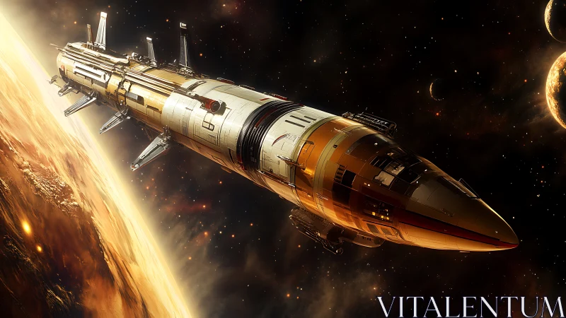 Cylindrical starship glides past gas giant in high-detail render