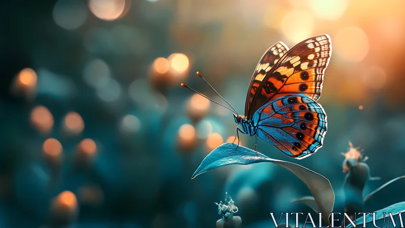 Sunlit butterfly rests on leaf in dreamy bokeh garden.