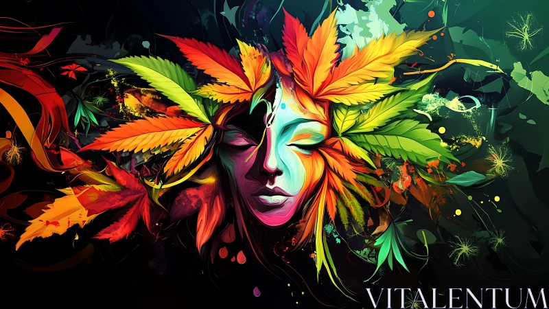Psychedelic female visage with chromatic foliage crown in bloom