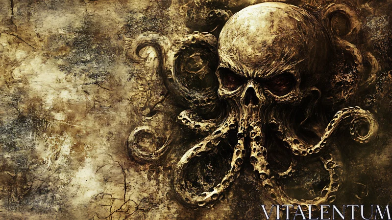 Ancient skeletal octopus skull emerges from dark swirling depths