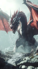 Crimson dragon dominates misty mountain pass in mid-roar