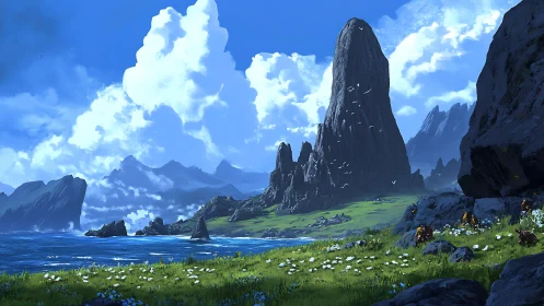 Sky-tall sea spire guarding a wild emerald shoreline.