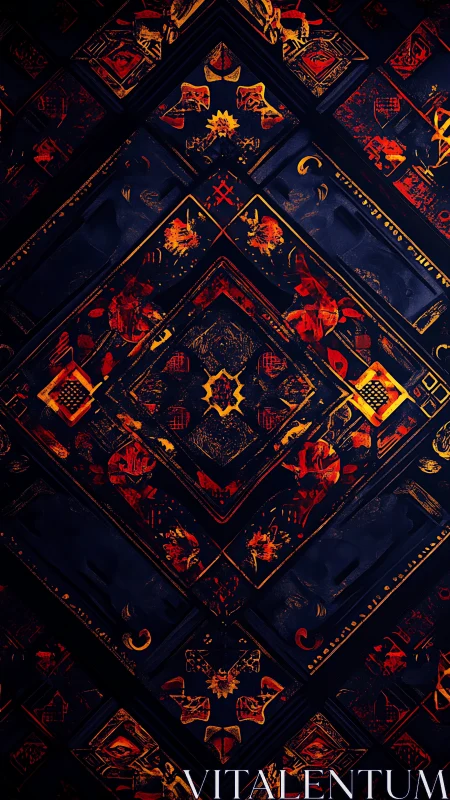 Geometric diamond grid shows layered red and gold abstract symbols